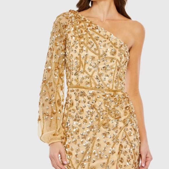 MAC DUGGAL 5659 GOLD EMBELLISHED ONE LONG SLEEVE FAUX WRAP THIGH SLIT GOWN sz 8 - Picture 3 of 5